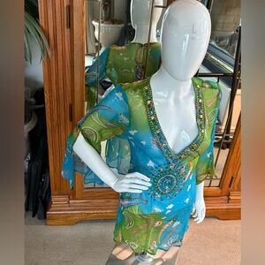 Jeweled Green and Blue Sheer Resort Wear Dress